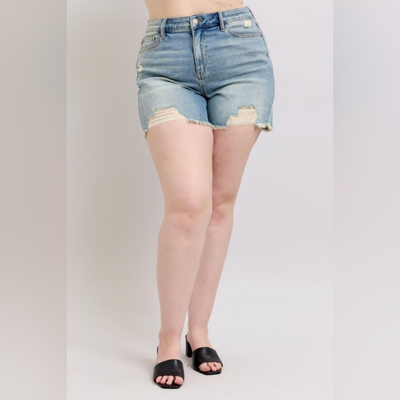 Judy Blue Full Size High Rise Washed Fly Stitch Detail and Destroy Denim Shorts - Picture 12 of 16